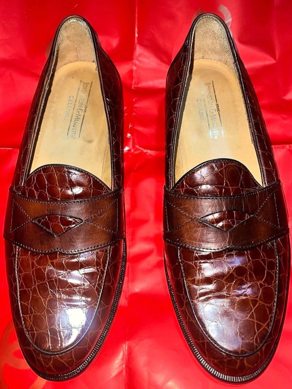 Johnston & Murphy Cellini Penny Loafers Brown Croc Print Leather Italy 8.5M